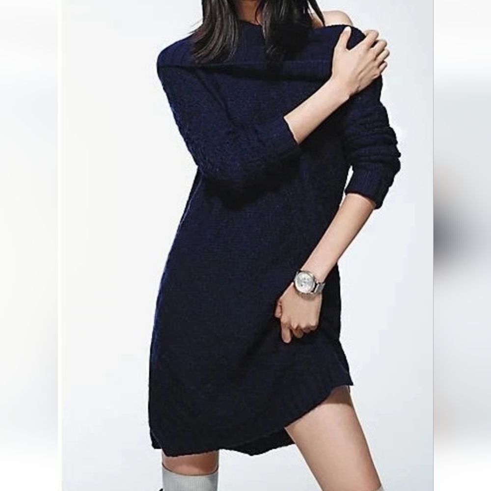 Anthropologie Sparrow Cowl Neck Merino Wool Sweater Dress Blue Buttons Navy M